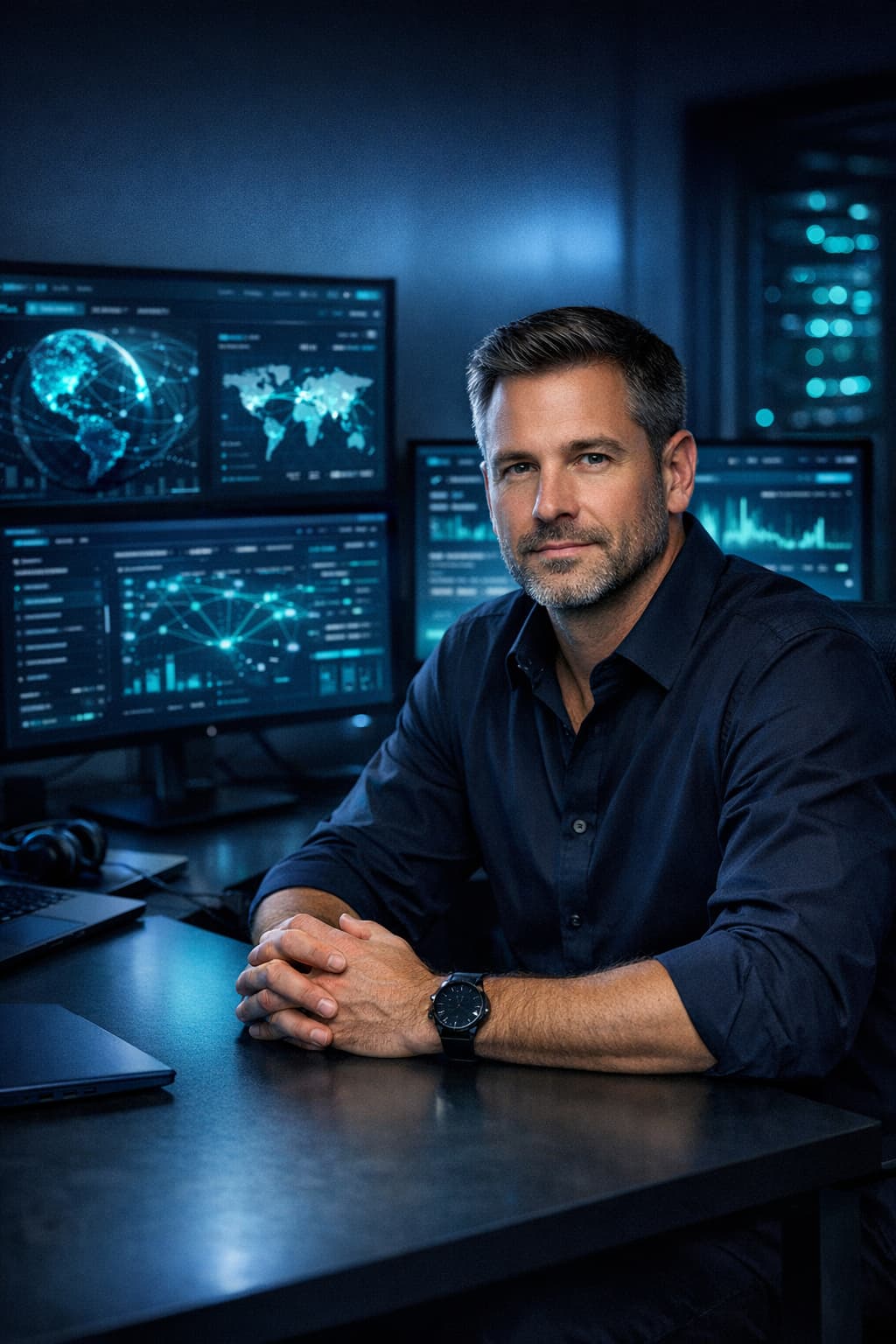 Profesional concentrado en un escritorio tecnológico moderno con tableros de ciberseguridad y red en tonos azul y turquesa, representando las soluciones de TI gestionada de GlobalinkIT.