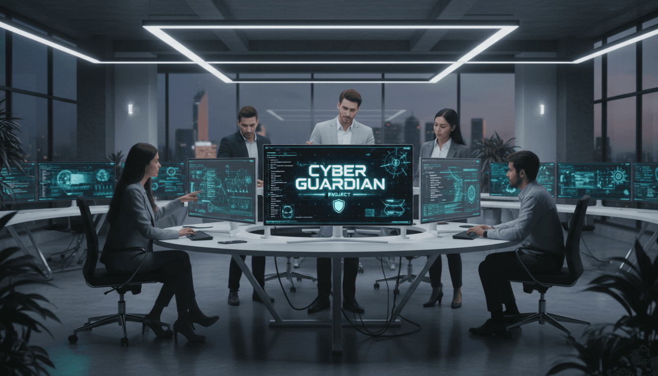 Professional team working on cybersecurity solutions in a modern office environment