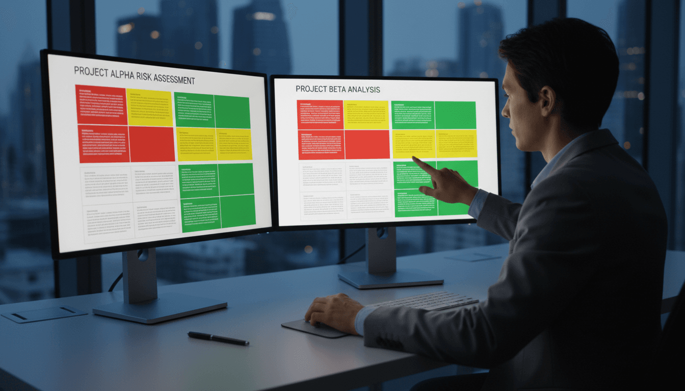 Analyst reviewing risk assessment matrix