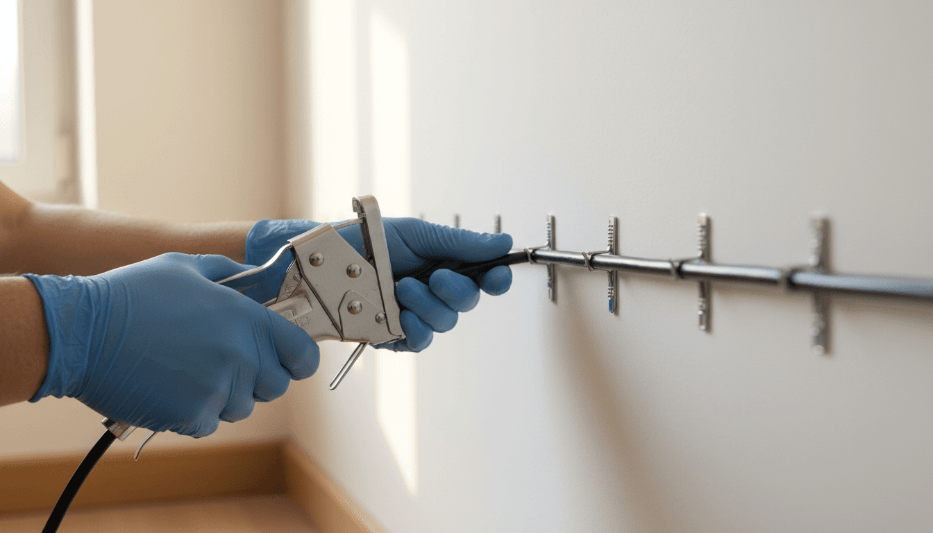 Technician's hands neatly securing a security camera cable along a wall