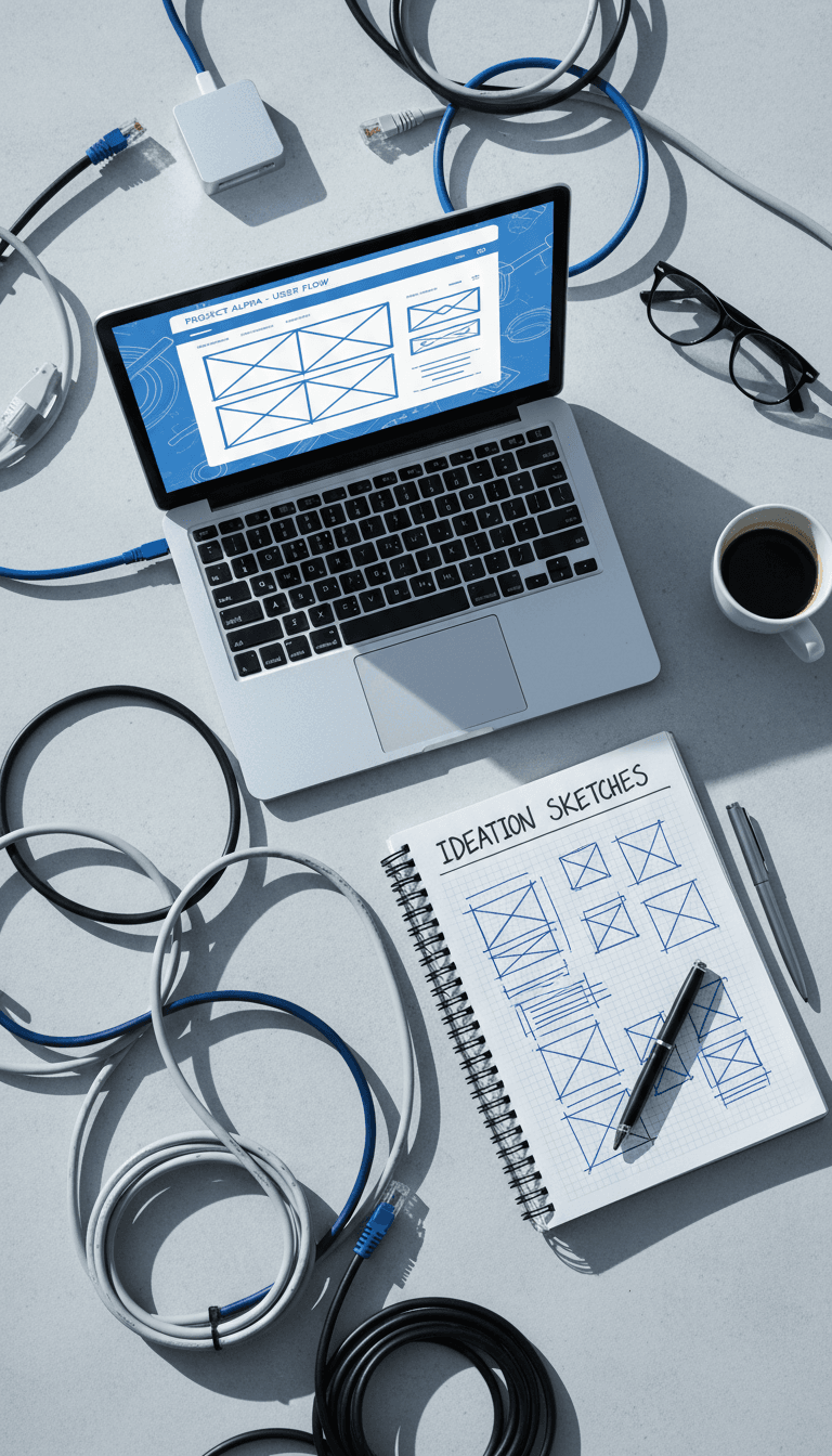 Workspace with laptop website mockup and notes