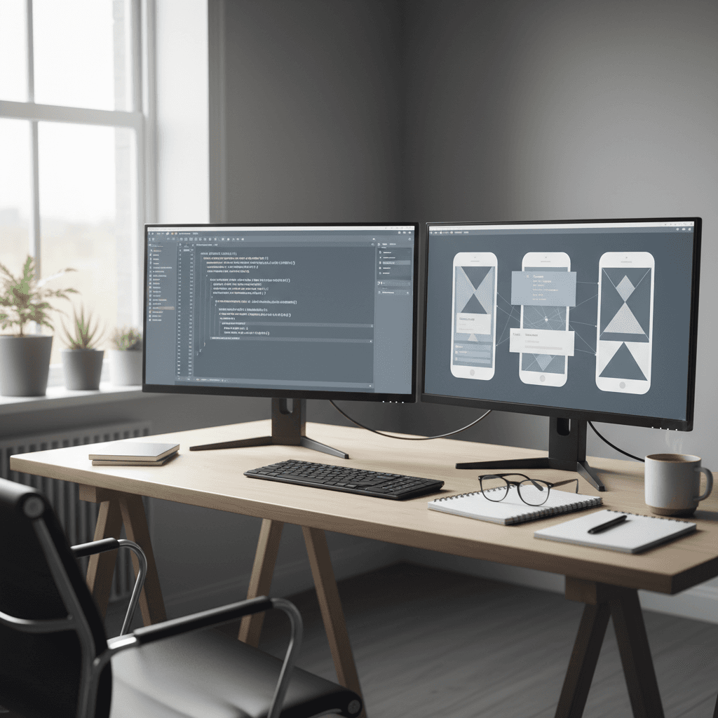 Workspace with dual monitors showing code and wireframes
