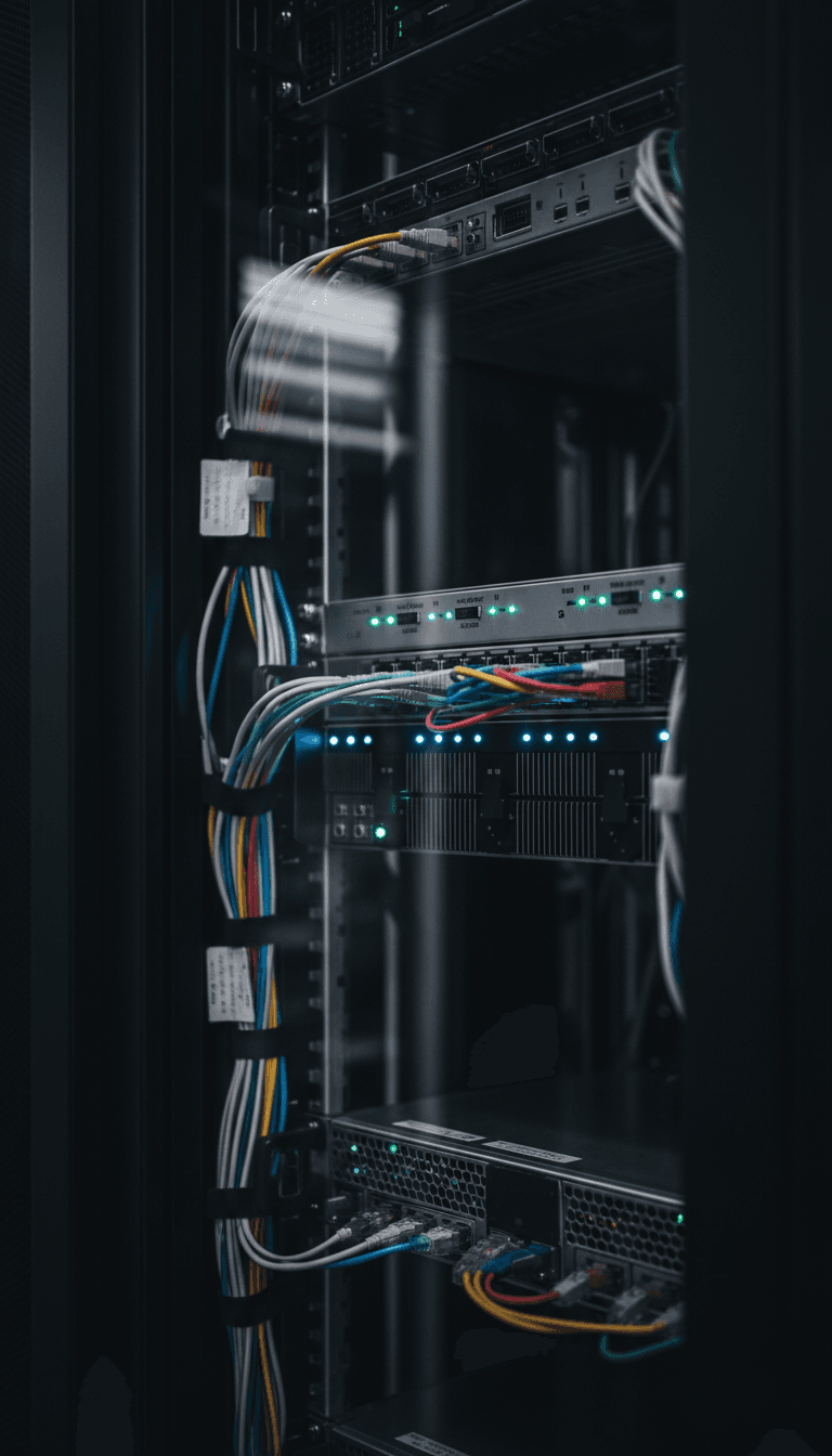 Server rack with illuminated cables and hardware