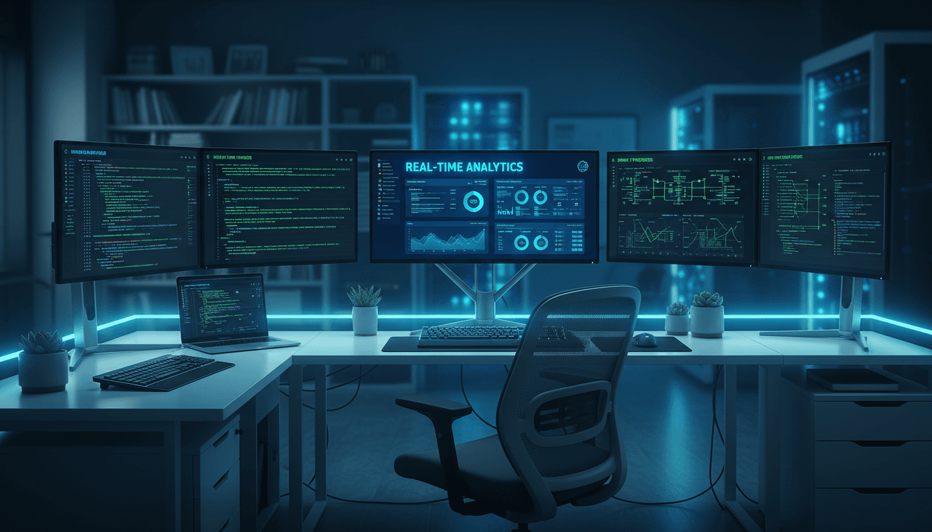 Developer workspace with code on screens and data analytics displayed