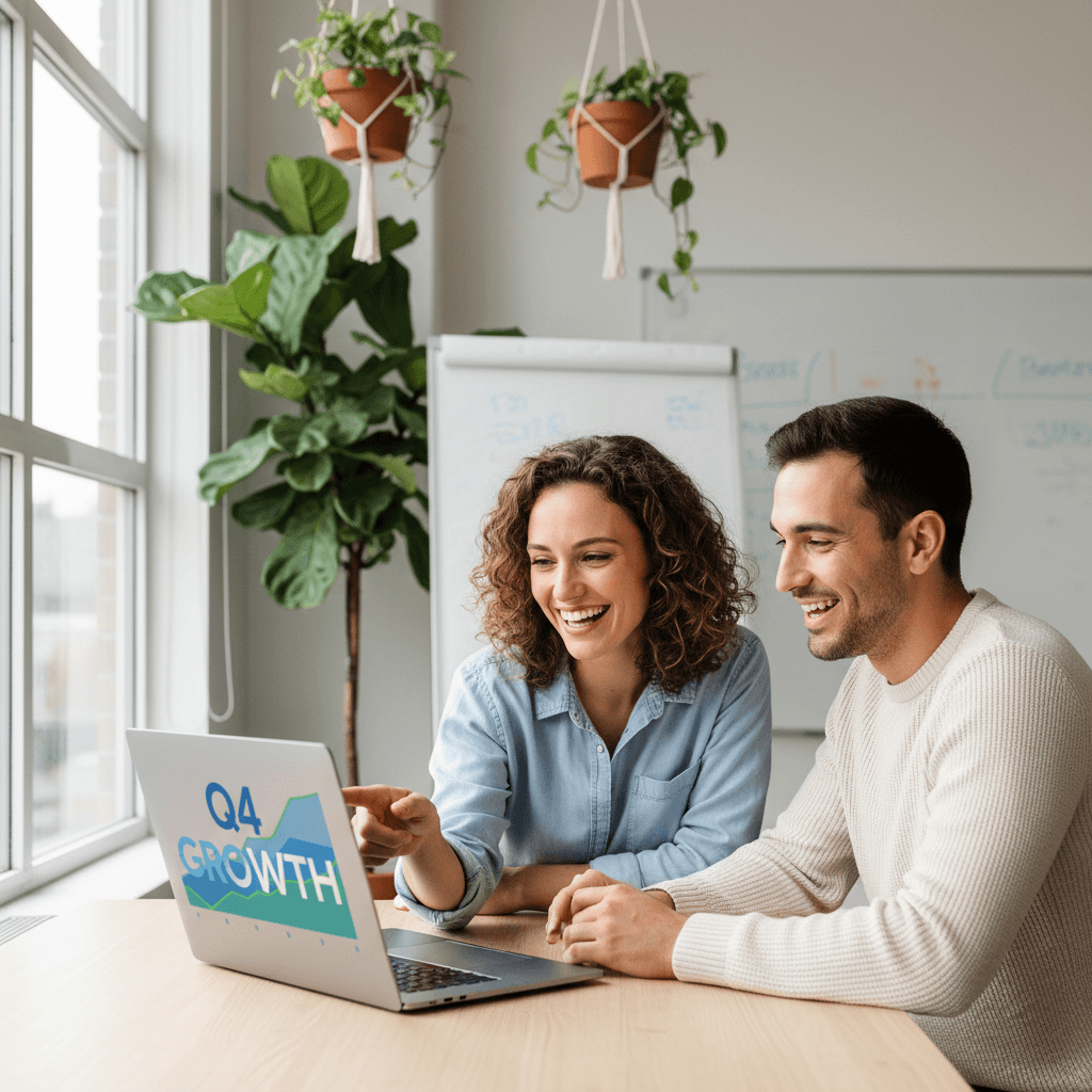 Two colleagues collaborating over a laptop showing a data chart