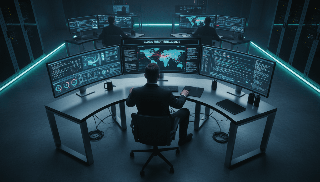 IT professional reviewing cybersecurity dashboards and network data