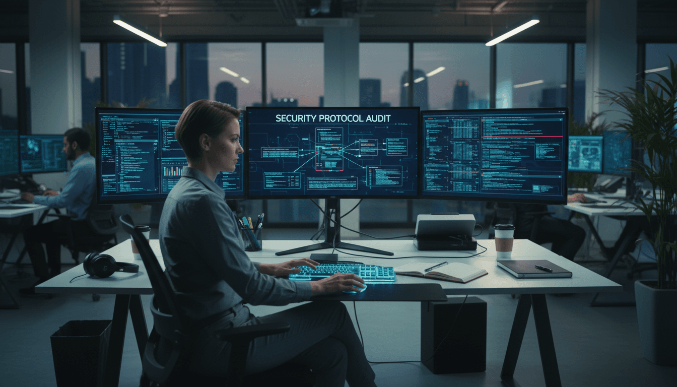 Cybersecurity professional analyzing compliance data on multiple monitors