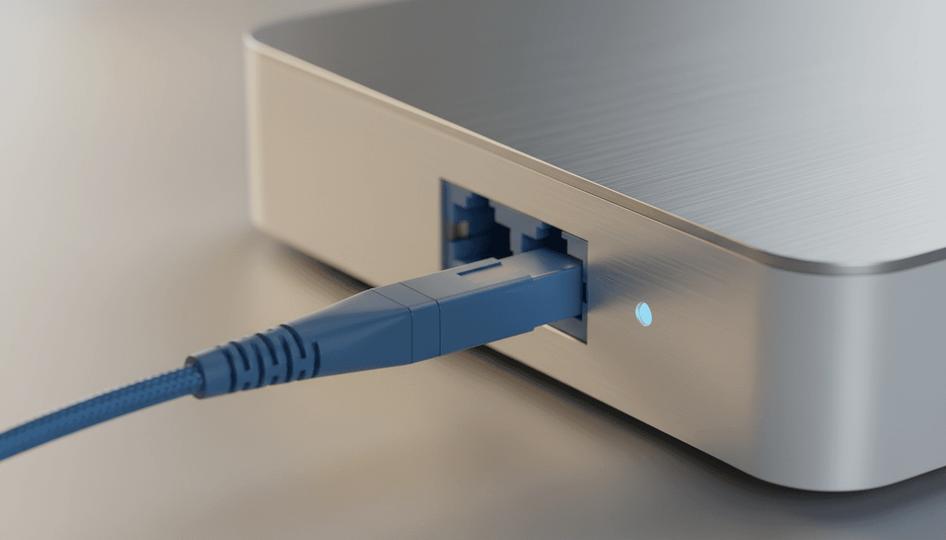 Close-up of fiber optic cable connecting to network router