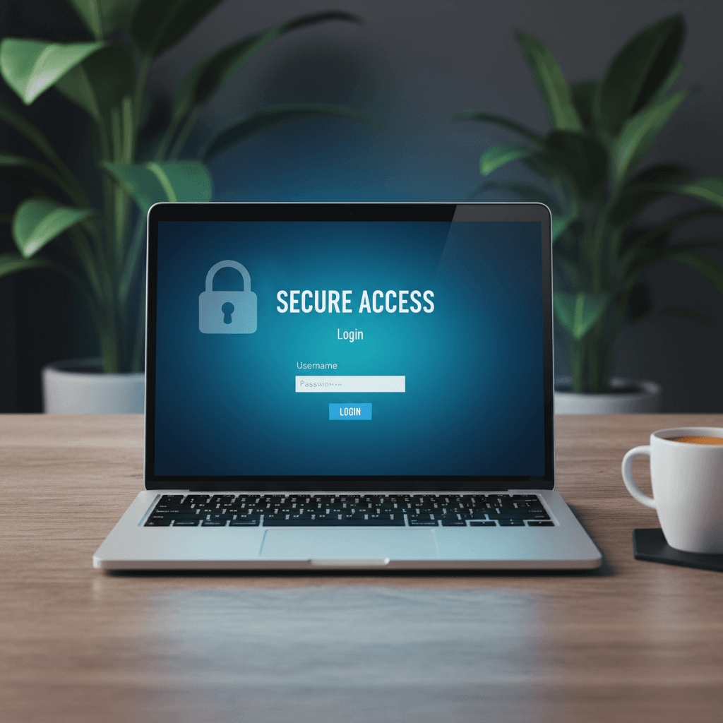 Laptop screen showing a secure login dashboard with a padlock icon