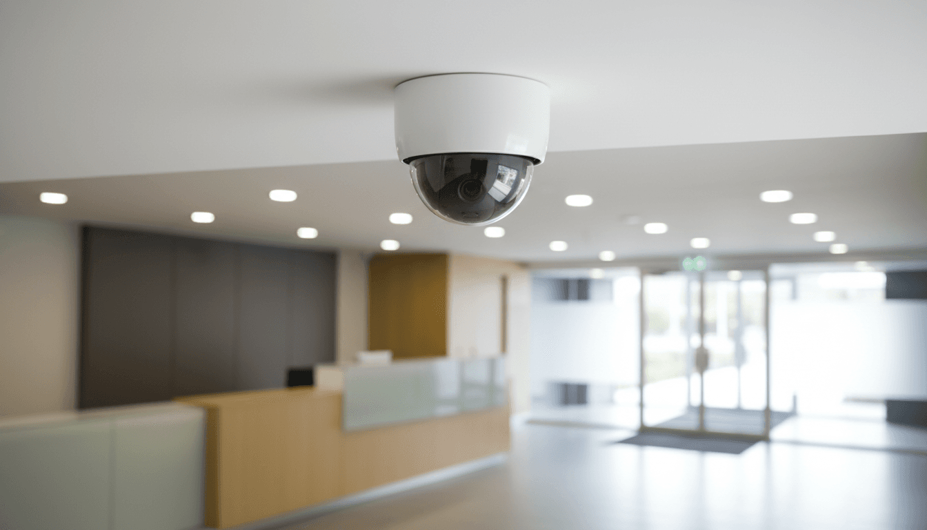 Dome security camera on ceiling in modern office lobby