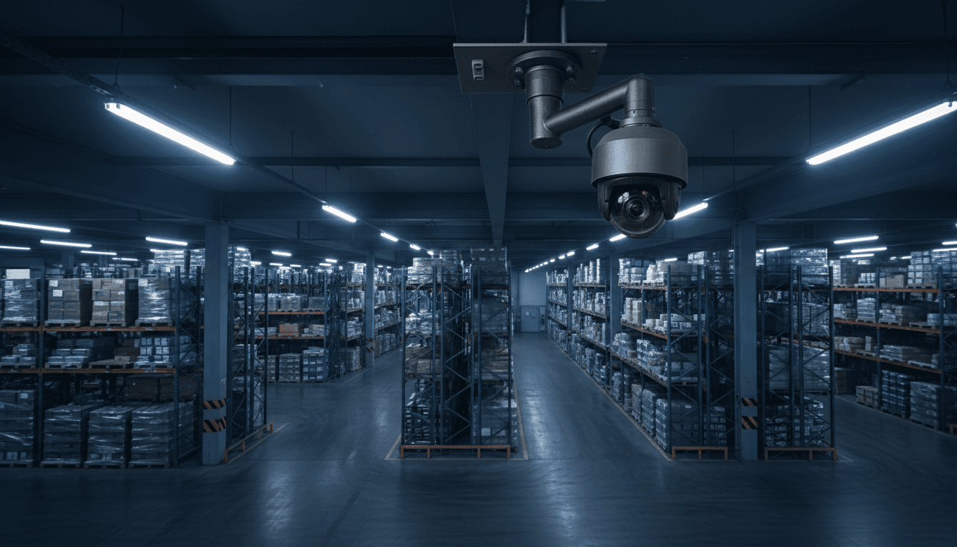 PTZ security camera mounted high in warehouse overlooking pallets
