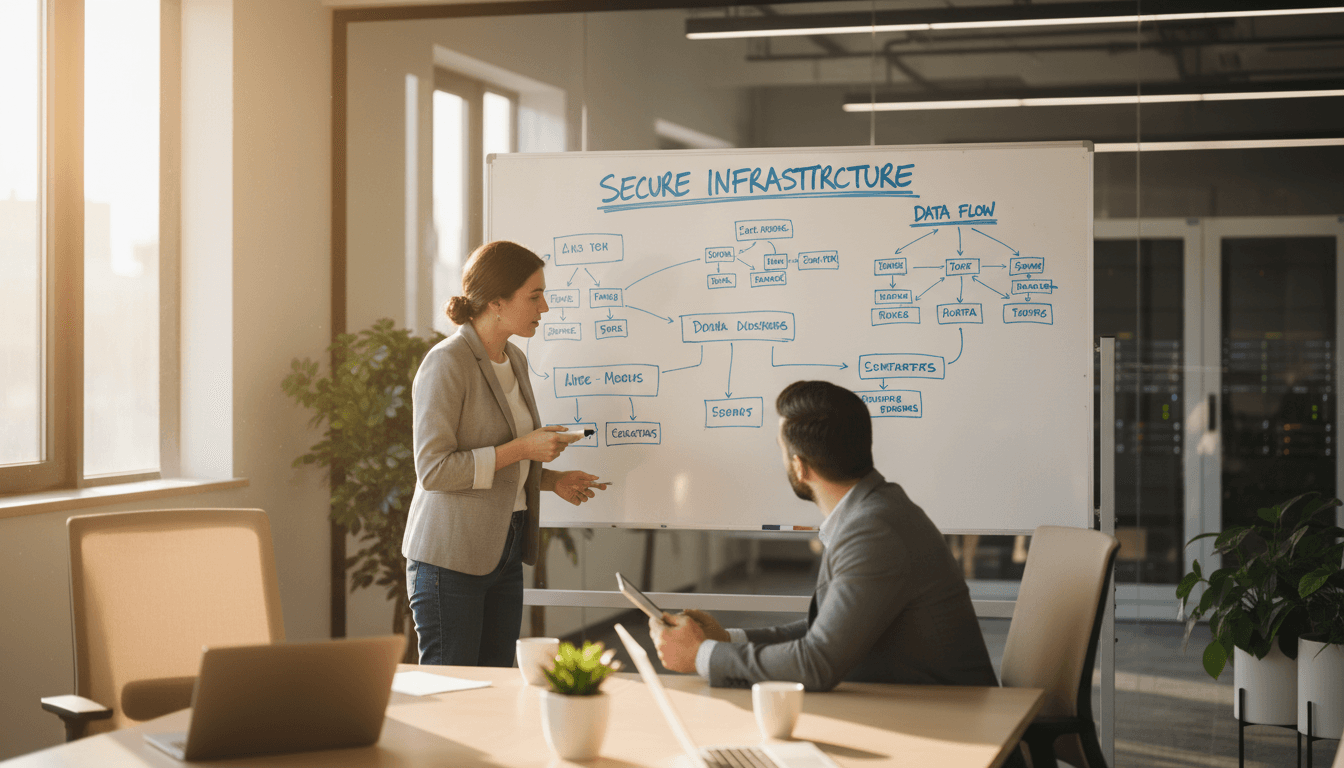 Cybersecurity consultant mapping network architecture with a client