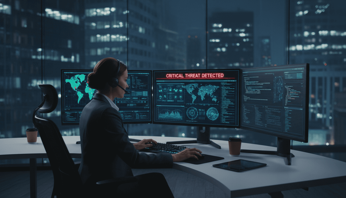 Cybersecurity professional monitoring security dashboard with compliance oversight