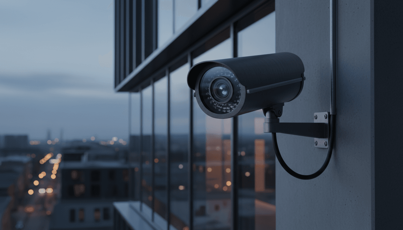 Security camera lens reflecting a blue LED glow at dusk