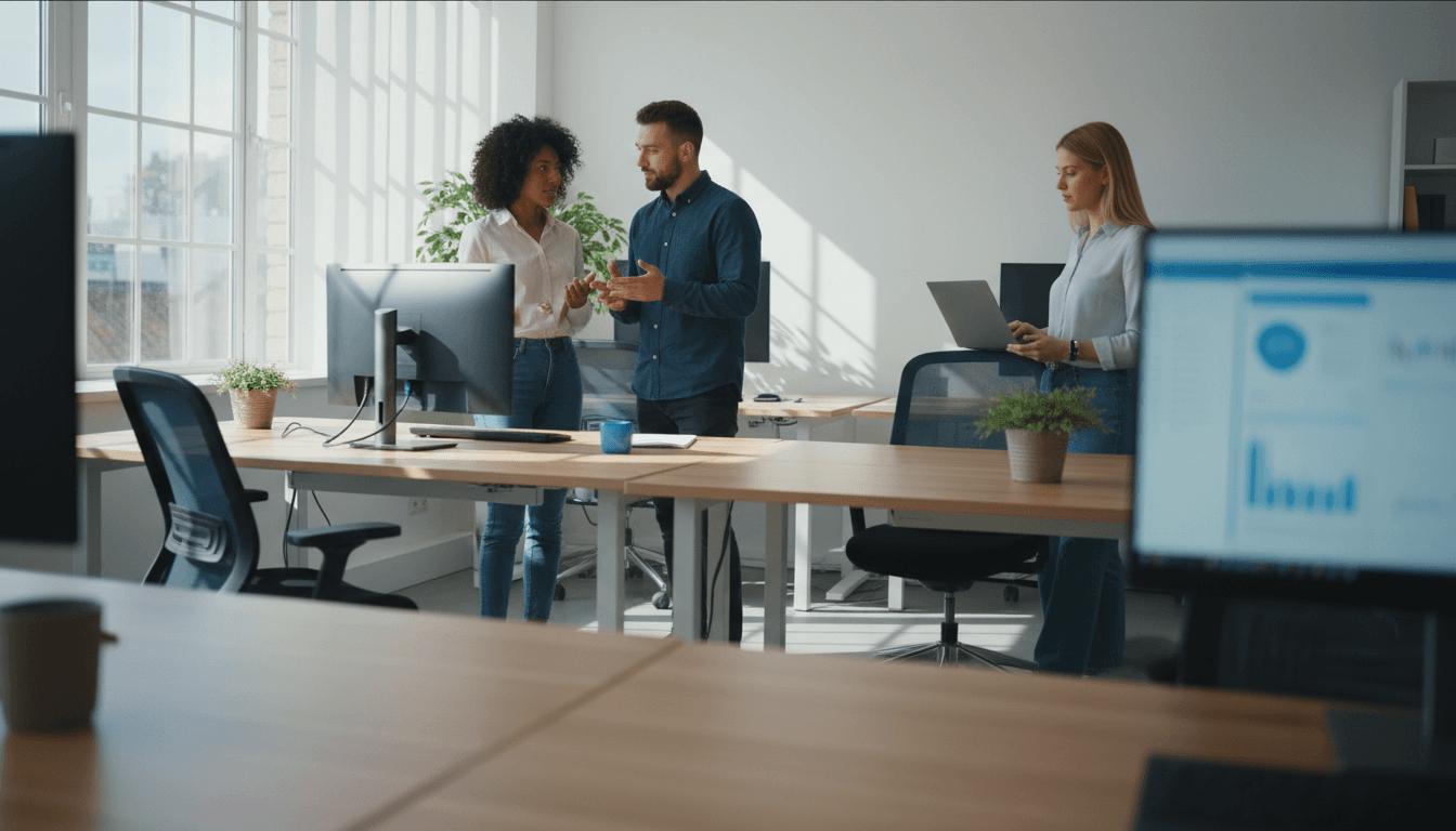 Diverse team working productively at modern office desks with laptops and monitors