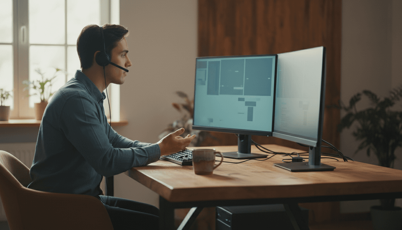Customer support technician assisting on call