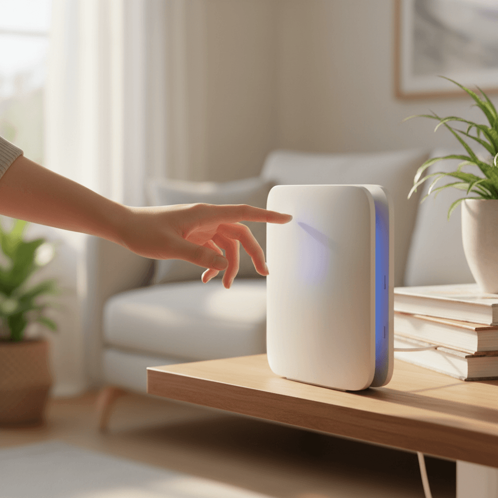 Hand tapping a glowing modem on a shelf in a sunlit living room