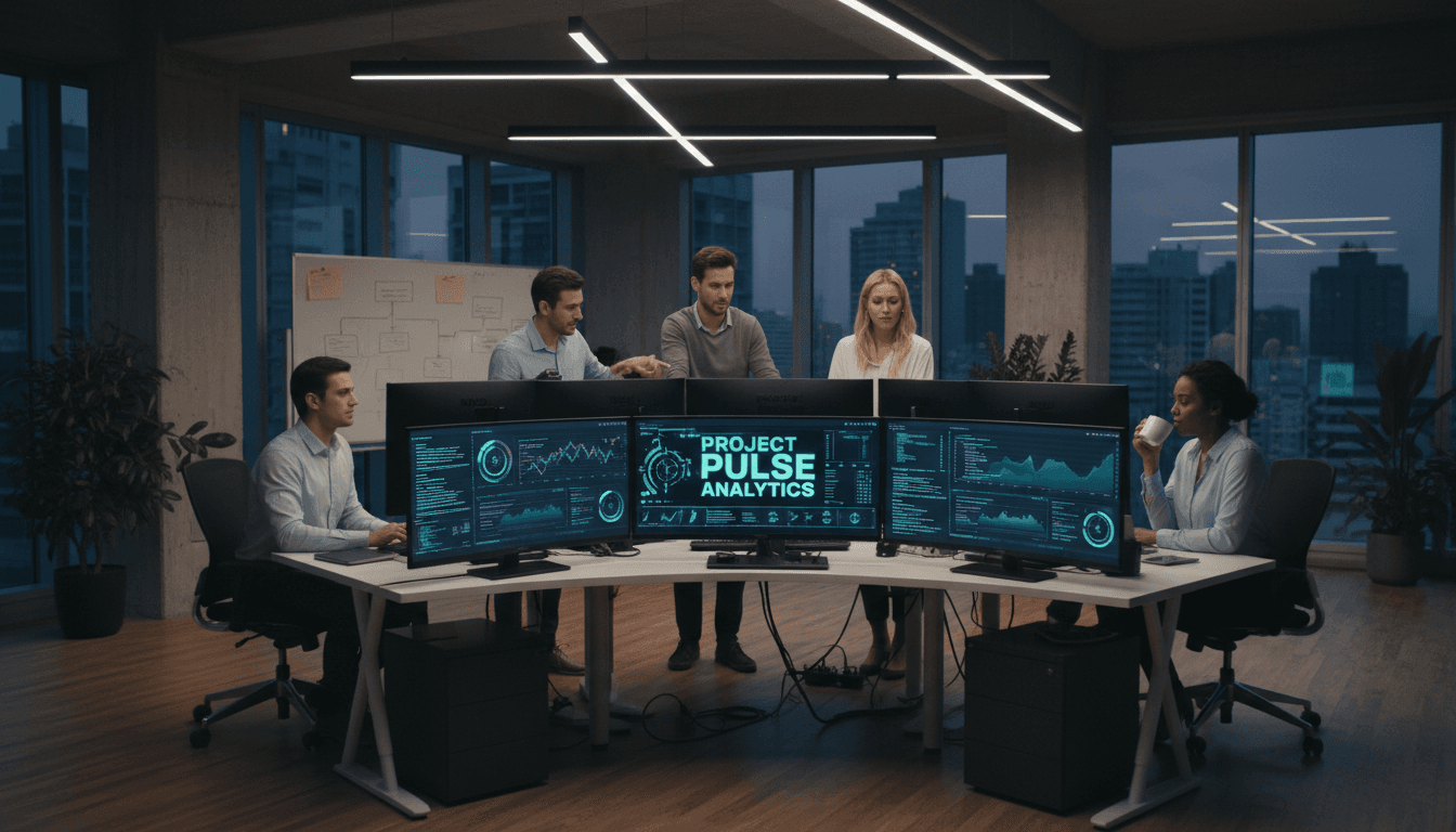 Team of tech professionals collaborating on cybersecurity and IT solutions in a bright modern office