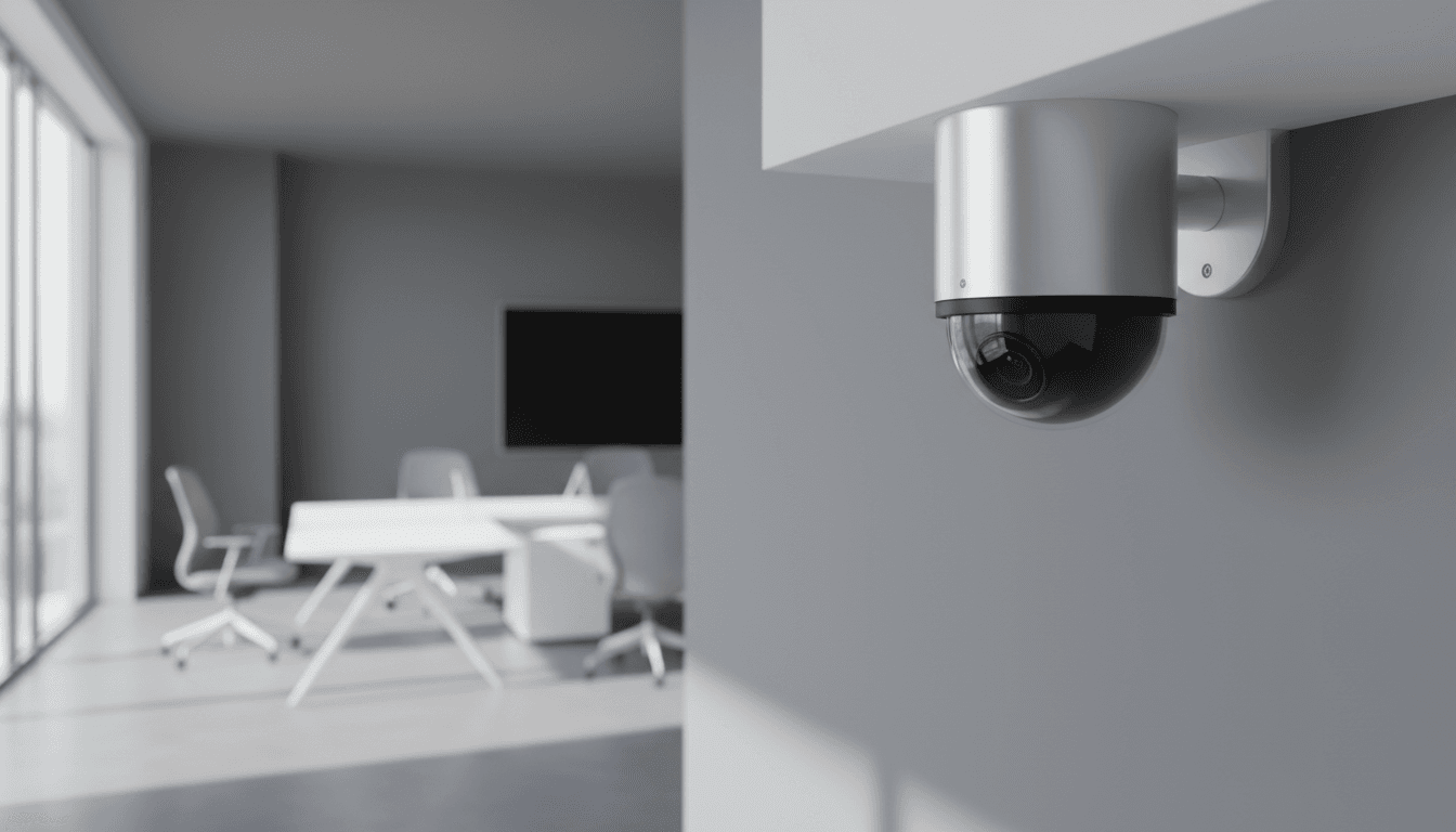 Security camera mounted on ceiling in a modern office environment