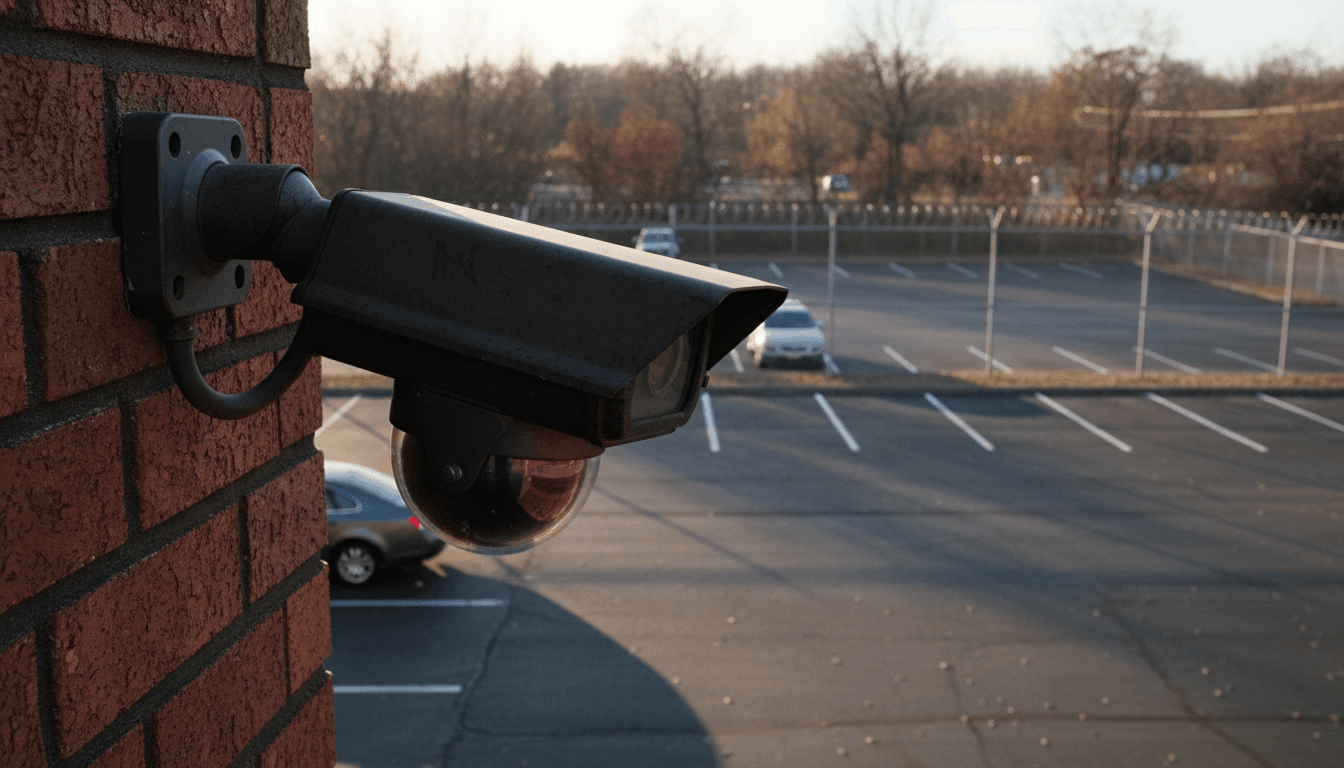 Bullet security camera mounted on brick wall overlooking parking lot
