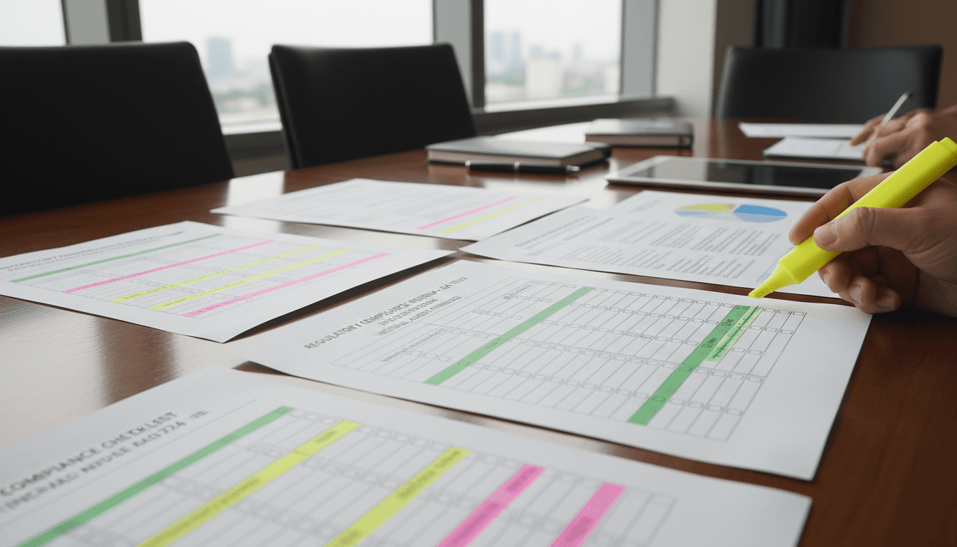 Compliance checklists and regulatory documents on a table