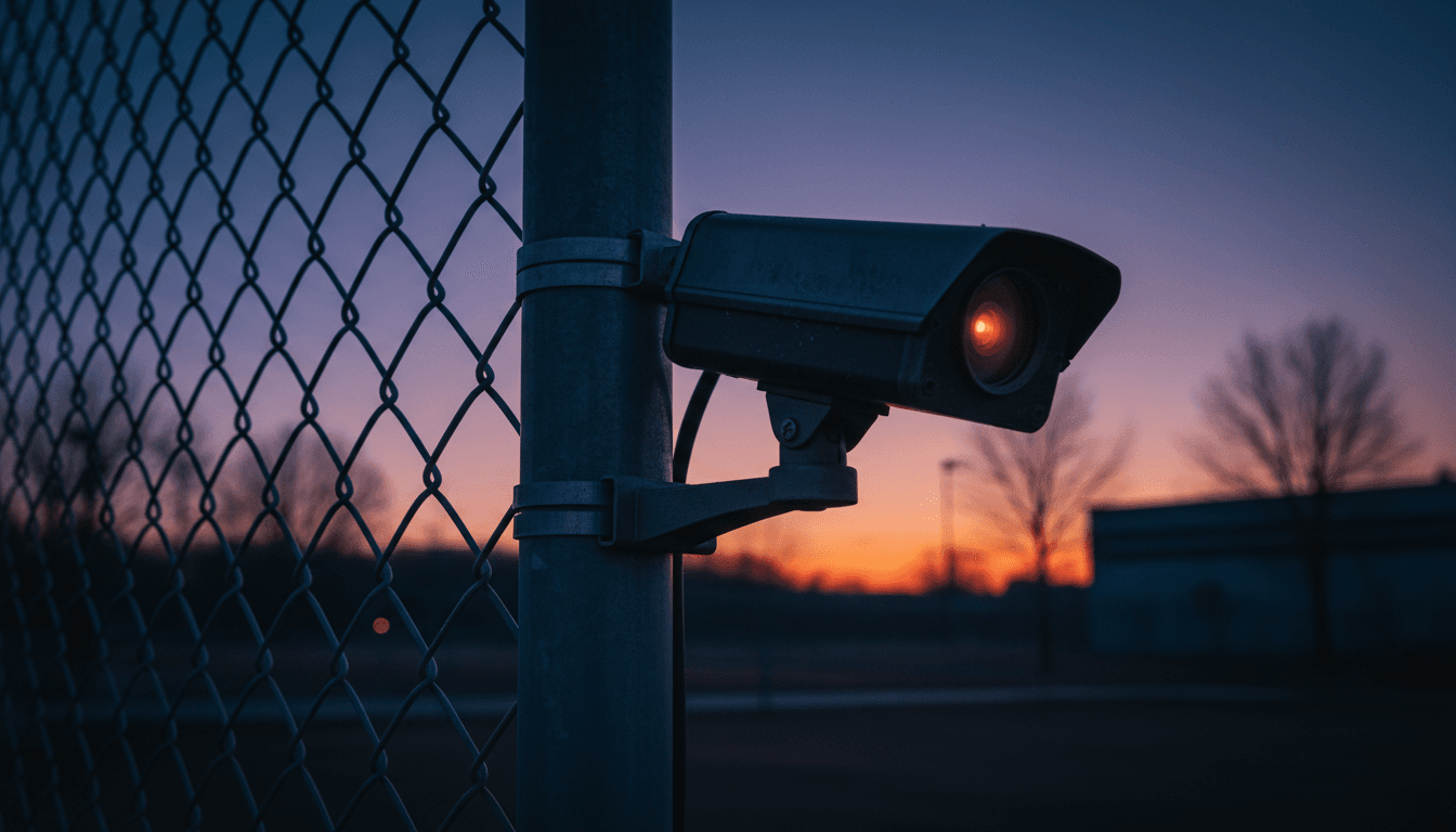 Thermal security camera on fence post at dusk