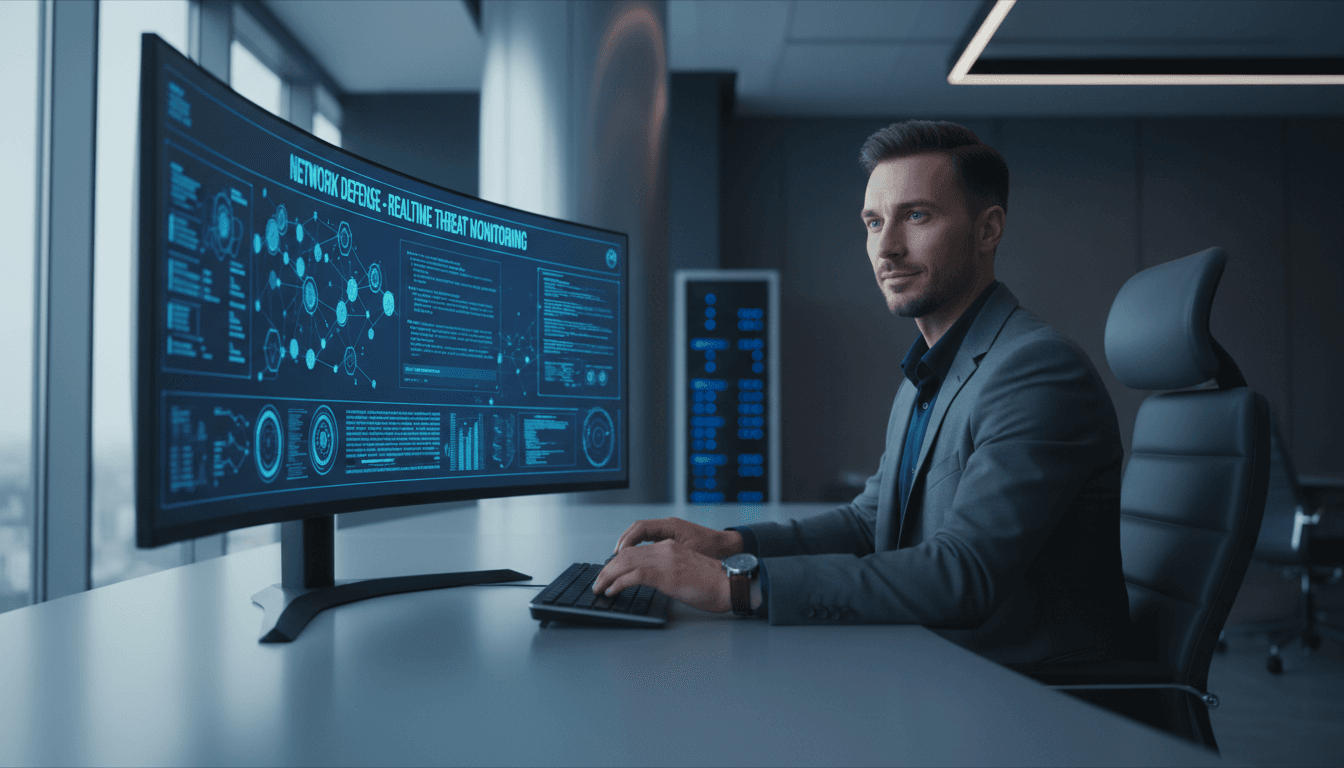 Cybersecurity professional analyzing network data on a computer screen