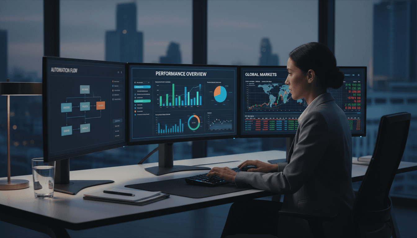 Business professional using automation software on multiple screens