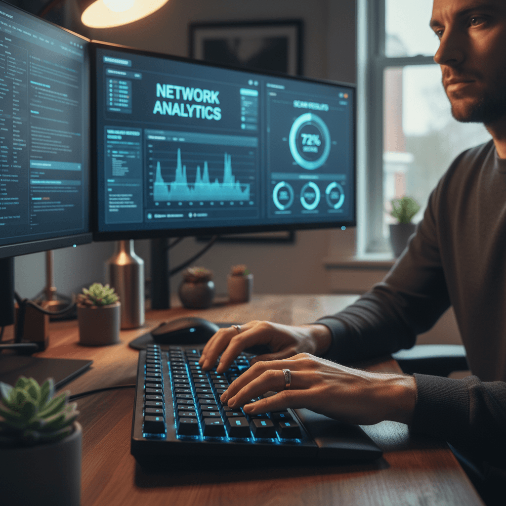 IT professional analyzing cybersecurity metrics on a secure digital interface