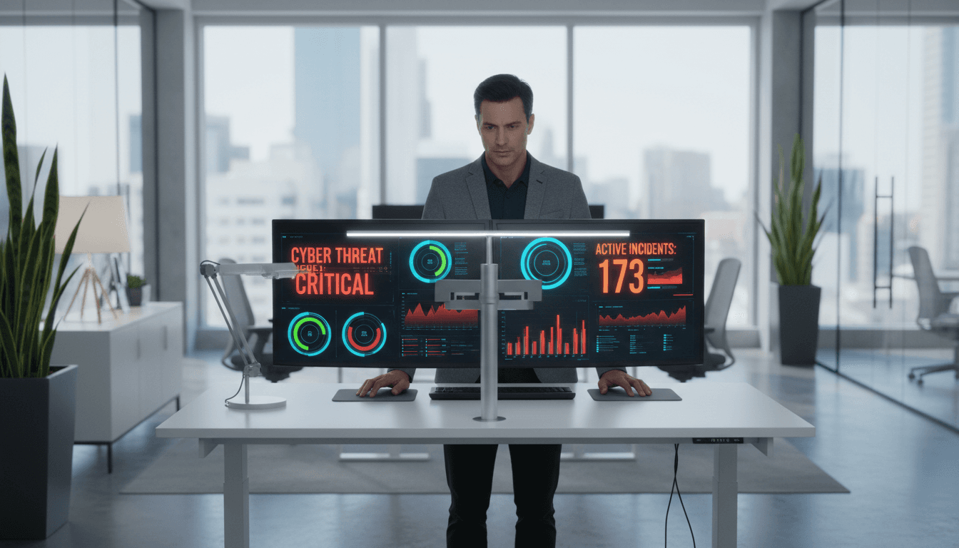 IT specialist monitoring cybersecurity dashboards and network analytics on multiple monitors