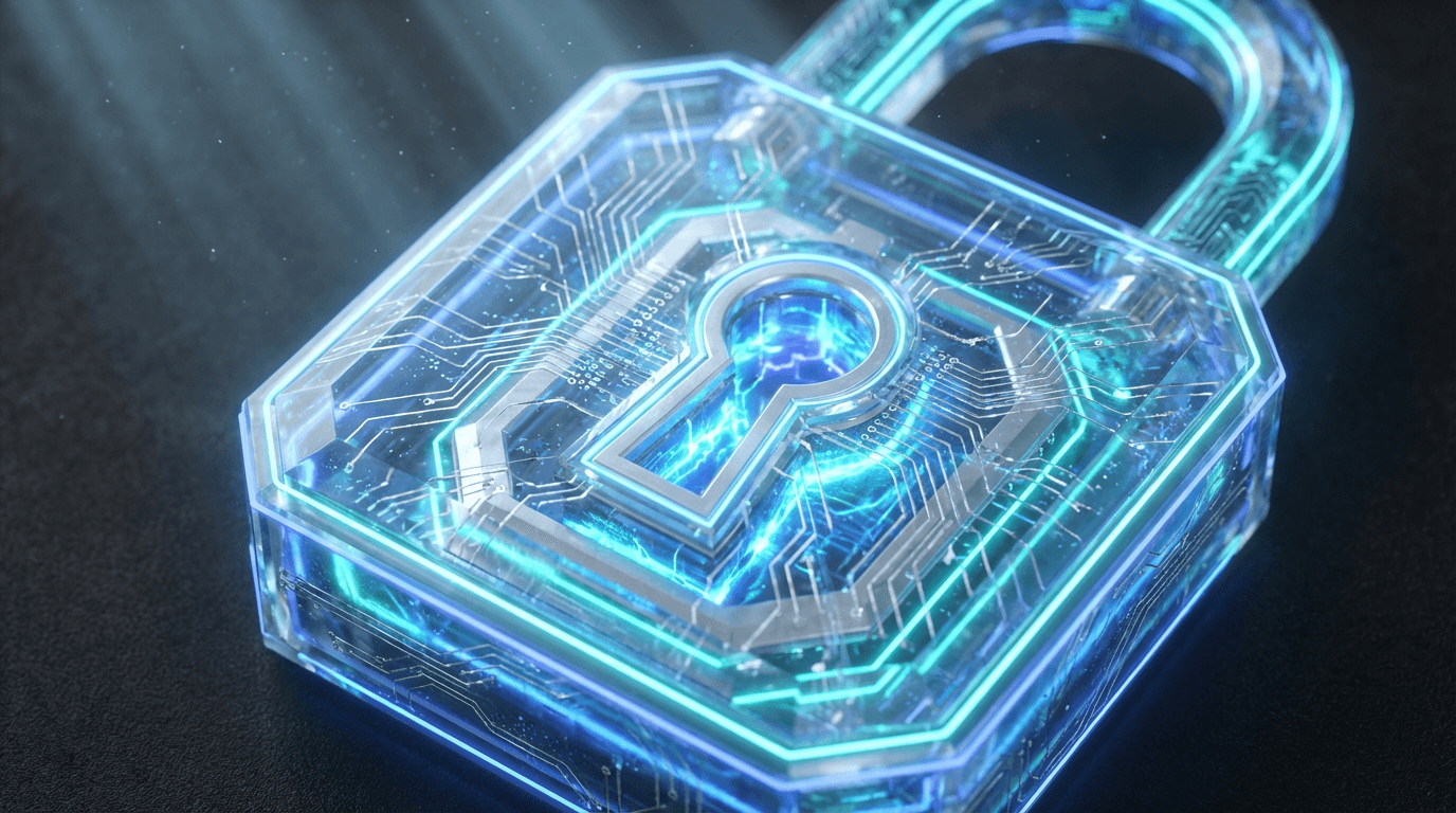 Digital security lock with data visualization and aqua blue light effects