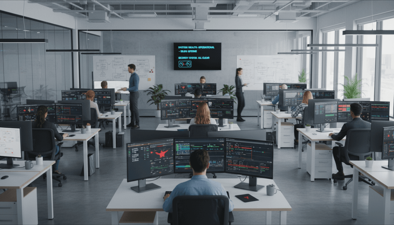 Professional technology team collaborating at a modern office workstation with secure IT infrastructure